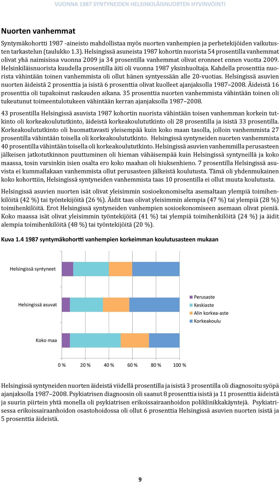 Helsinkiläisnuorista kuudella prosentilla äiti oli vuonna 1987 yksinhuoltaja. Kahdella prosenttia nuorista vähintään toinen vanhemmista oli ollut hänen syntyessään alle 20-vuotias.