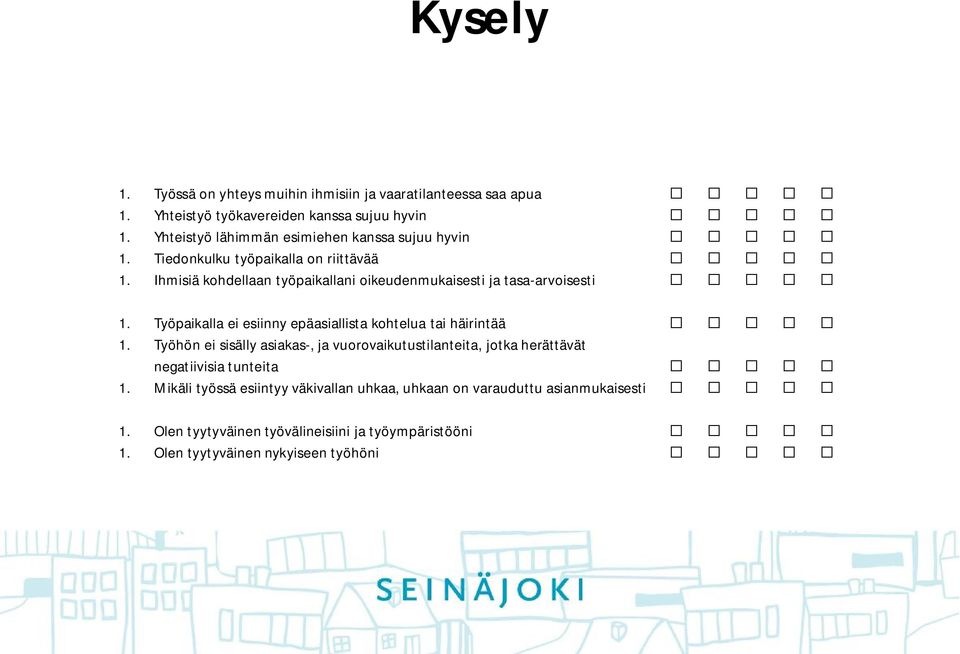 Ihmisiä kohdellaan työpaikallani oikeudenmukaisesti ja tasa-arvoisesti 1. Työpaikalla ei esiinny epäasiallista kohtelua tai häirintää 1.