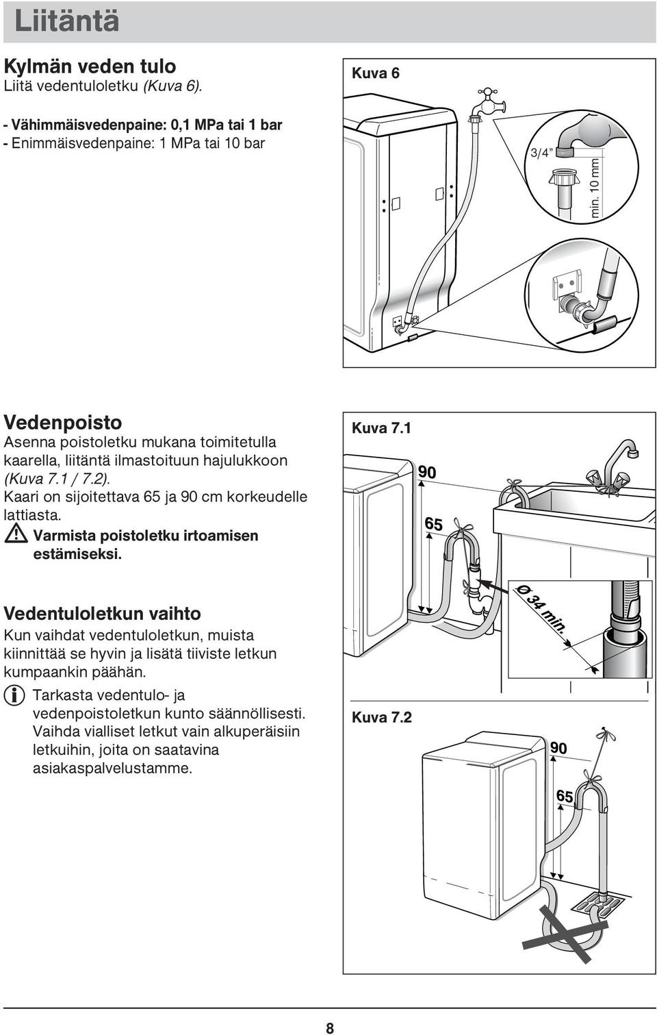 Kaari on sijoitettava 65 ja 90 cm korkeudelle lattiasta. Varmista poistoletku irtoamisen estämiseksi. Kuva 7.