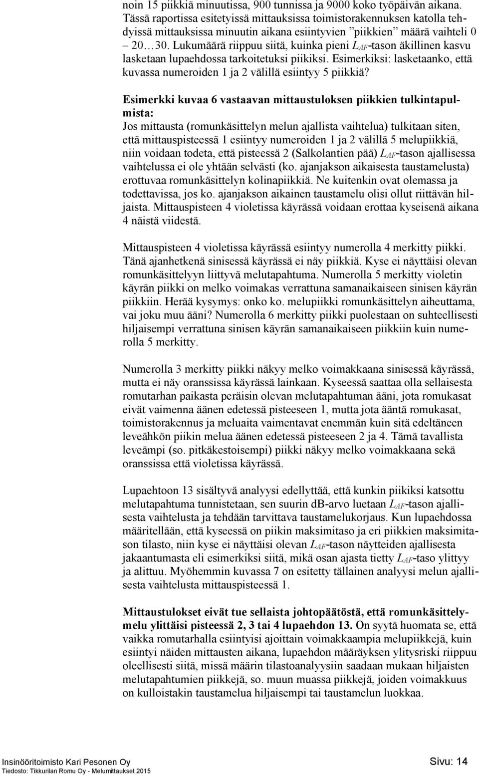 Lukumäärä riippuu siitä, kuinka pieni L AF-tason äkillinen kasvu lasketaan lupaehdossa tarkoitetuksi piikiksi. Esimerkiksi: lasketaanko, että kuvassa numeroiden 1 ja 2 välillä esiintyy 5 piikkiä?