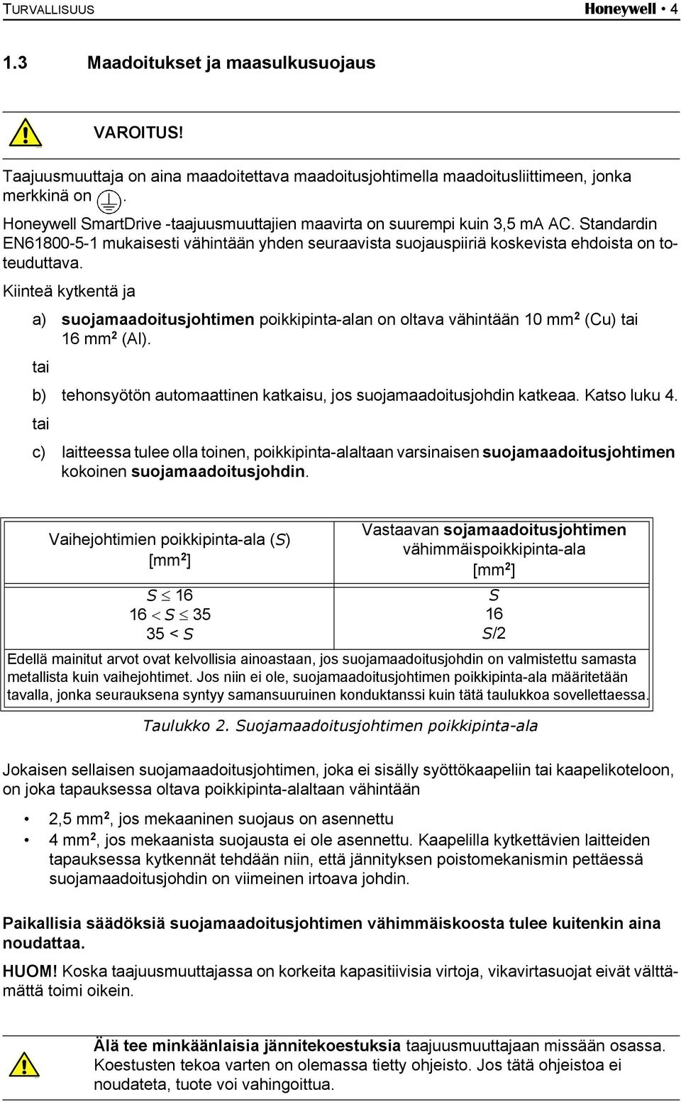 Kiinteä kytkentä ja a) suojamaadoitusjohtimen poikkipinta-alan on oltava vähintään 10 mm 2 (Cu) tai 16 mm 2 (Al). tai b) tehonsyötön automaattinen katkaisu, jos suojamaadoitusjohdin katkeaa.