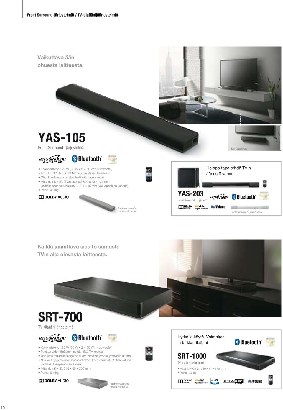 x K x S): [TV:n edessä] 890 x 53 x 131 mm [seinälle asennettuna] 890 x 131 x 59 mm (välikappaleen kanssa) Paino: 4,0 kg YAS-203 Front Surround -järjestelmä Helppo tapa tehdä TV:n äänestä vahva.