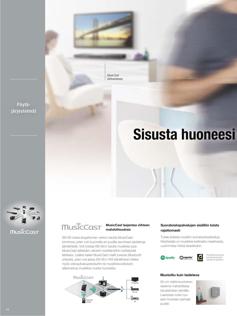 Lisäksi kaikki MusicCast-mallit tukevat Bluetoothyhteyttä, joten voit jakaa ISX-80:n FM-äänilähteen lisäksi myös videojulkaisupalveluihin tai musiikkisovelluksiin tallennettua musiikkia muista