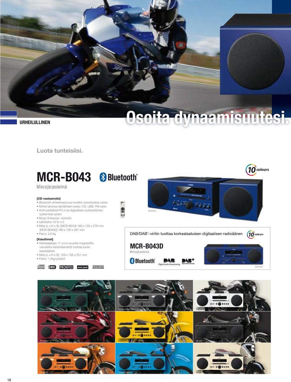 audiosoittimen kytkemistä varten Music Enhancer -toiminto Lähtöteho 15 W x 2 Mitat (L x K x S): [MCR-B043] 180 x 130 x 276 mm [MCR-B043D] 180 x 130 x 281 mm Paino: 2,6 kg [Kaiuttimet] Halkaisijaltaan