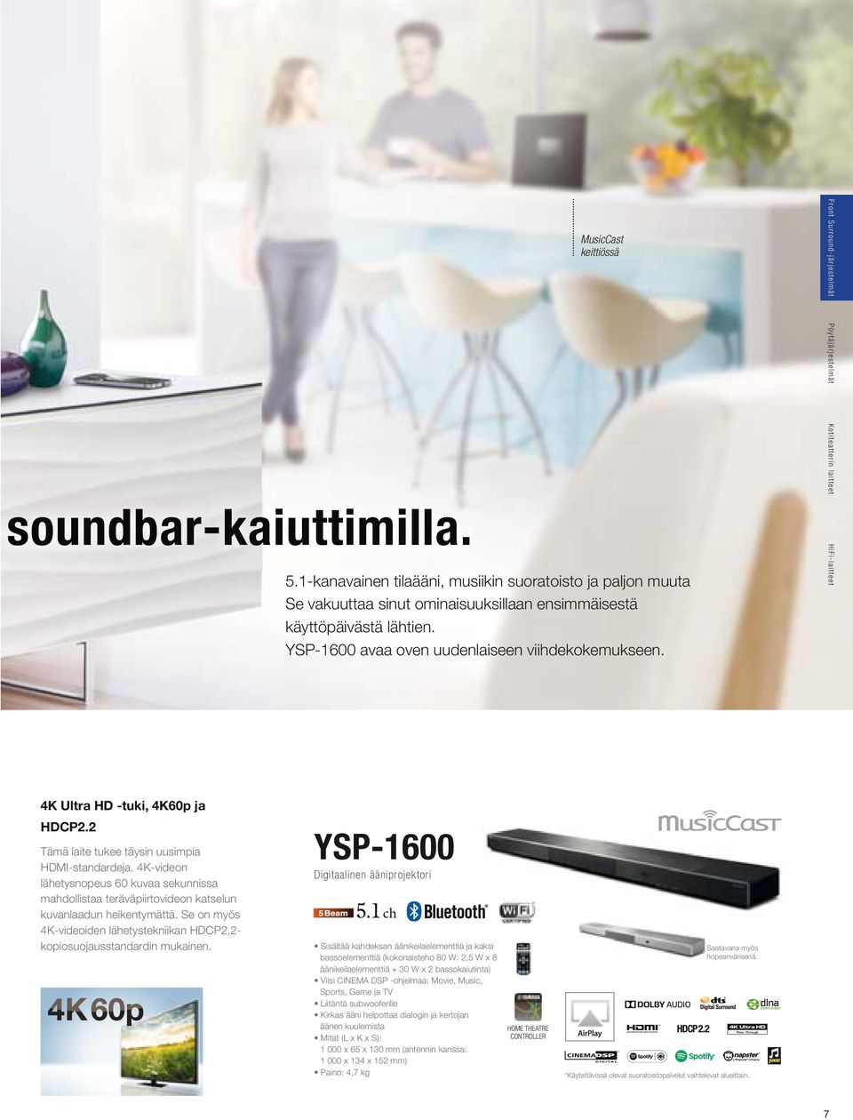 2 Tämä laite tukee täysin uusimpia HDMI-standardeja. 4K-videon lähetysnopeus 60 kuvaa sekunnissa mahdollistaa teräväpiirtovideon katselun kuvanlaadun heikentymättä.