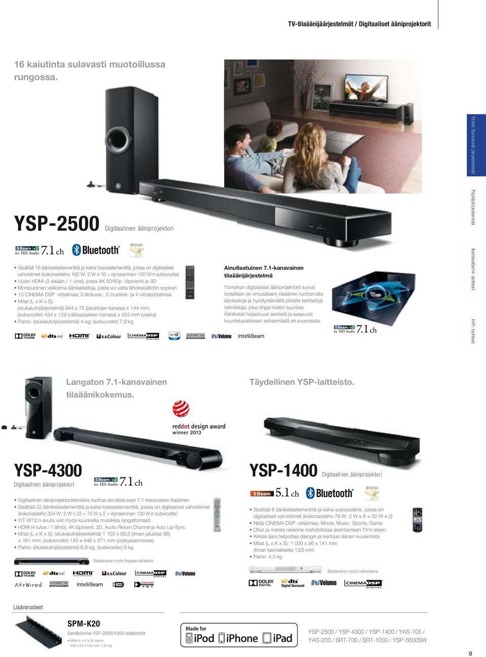 HDMI (3 sisään / 1 ulos), jossa 4K 50/60p -läpivienti ja 3D Monipuolinen valikoima äänikeilatiloja, joista voi valita lähdesisältöön sopivan 10 CINEMA DSP -ohjelmaa: 3 elokuva-, 3 musiikki- ja 4