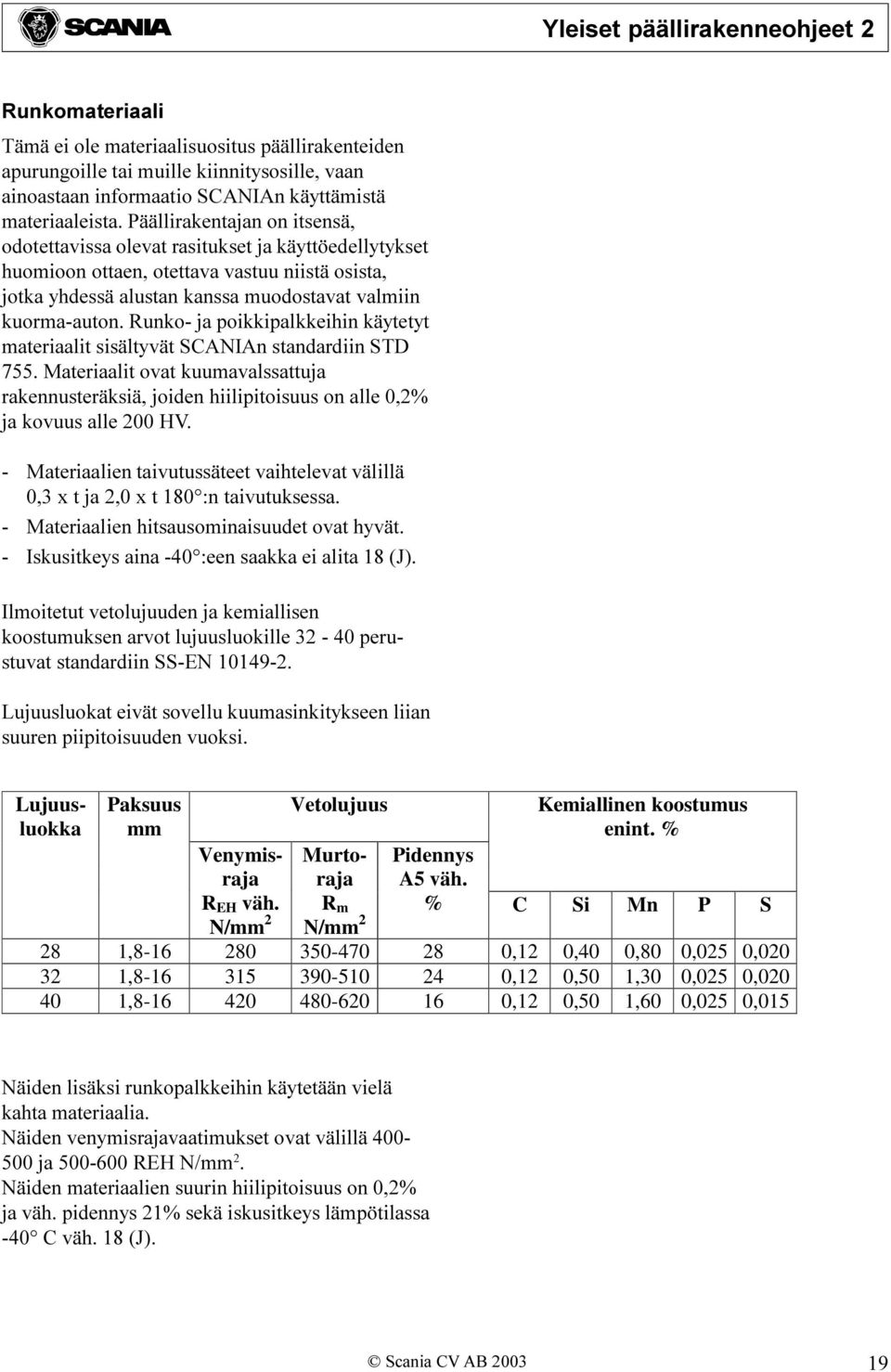 Runko- ja poikkipalkkeihin käytetyt materiaalit sisältyvät SCANIAn standardiin STD 755. Materiaalit ovat kuumavalssattuja rakennusteräksiä, joiden hiilipitoisuus on alle 0,2% ja kovuus alle 200 HV.