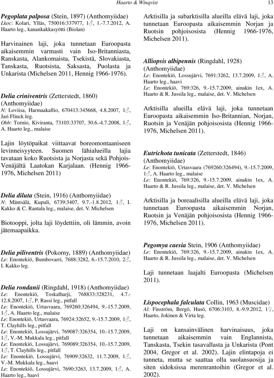 Puolasta ja Unkarista (Michelsen 2011, Hennig 1966-1976). Delia criniventris (Zetterstedt, 1860) (Anthomyiidae) N: Loviisa, Harmaakallio, 670413:345668, 4.8.2007, 1, Jari Flinck leg.