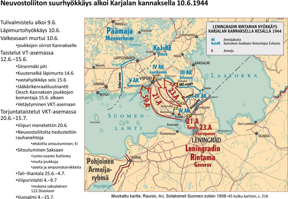 6. 15.7. Viipuri menetettiin 20.6. Neuvostoliitolta tiedusteltiin rauhanehtoja ehdoitta antautuminen; Ei Sitoutuminen Saksaan Lento-osasto Kuhlmey muita joukkoja aseita ja ampumatarvikkeita Tali Ihantala 25.