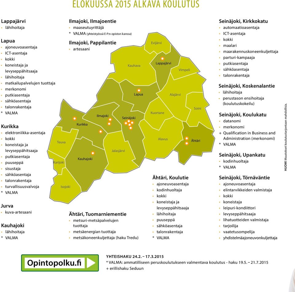 Jurva kuva-artesaani Kauhajoki lähihoitaja * VALMA Ilmajoki, Ilmajoentie maaseutuyrittäjä * VALMA (yhteistyössä E-P:n opiston kanssa) Ilmajoki, Pappilantie artesaani Ähtäri, Tuomarniementie