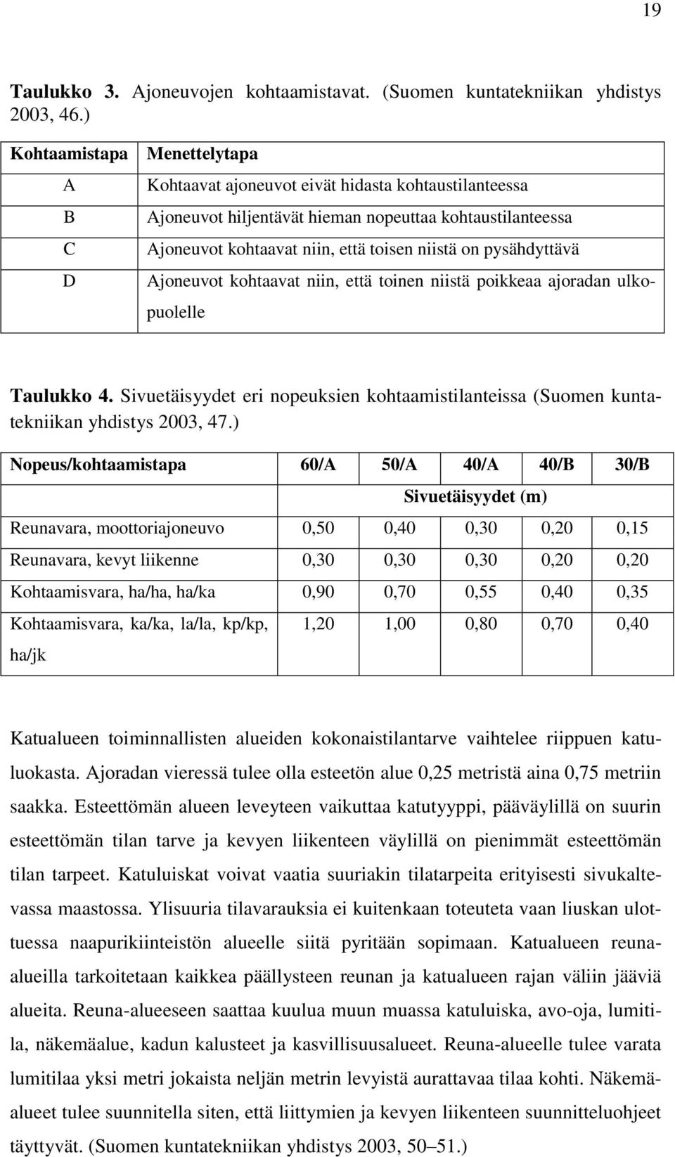 pysähdyttävä Ajoneuvot kohtaavat niin, että toinen niistä poikkeaa ajoradan ulkopuolelle Taulukko 4. Sivuetäisyydet eri nopeuksien kohtaamistilanteissa (Suomen kuntatekniikan yhdistys 2003, 47.
