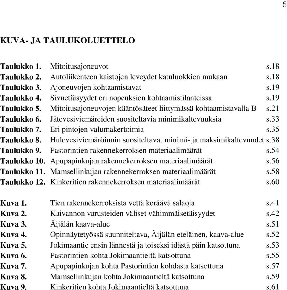 Jätevesiviemäreiden suositeltavia minimikaltevuuksia s.33 Taulukko 7. Eri pintojen valumakertoimia s.35 Taulukko 8. Hulevesiviemäröinnin suositeltavat minimi- ja maksimikaltevuudet s.38 Taulukko 9.