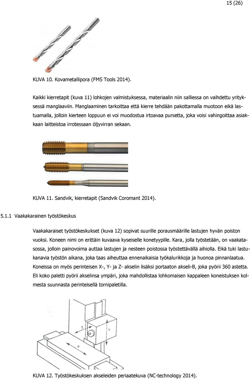 irrotessaan öljyvirran sekaan. KUVA 11. Sandvik, kierretapit (Sandvik Coromant 2014). 5.1.1 Vaakakarainen työstökeskus Vaakakaraiset työstökeskukset (kuva 12) sopivat suurille porausmäärille lastujen hyvän poiston vuoksi.