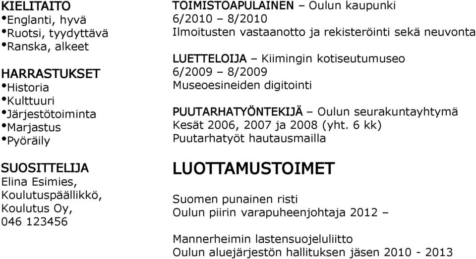Kiimingin kotiseutumuseo 6/2009 8/2009 Museoesineiden digitointi PUUTARHATYÖNTEKIJÄ Oulun seurakuntayhtymä Kesät 2006, 2007 ja 2008 (yht.