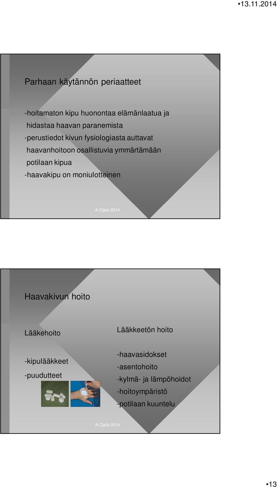 potilaan kipua -haavakipu on moniulotteinen Haavakivun hoito Lääkehoito Lääkkeetön hoito