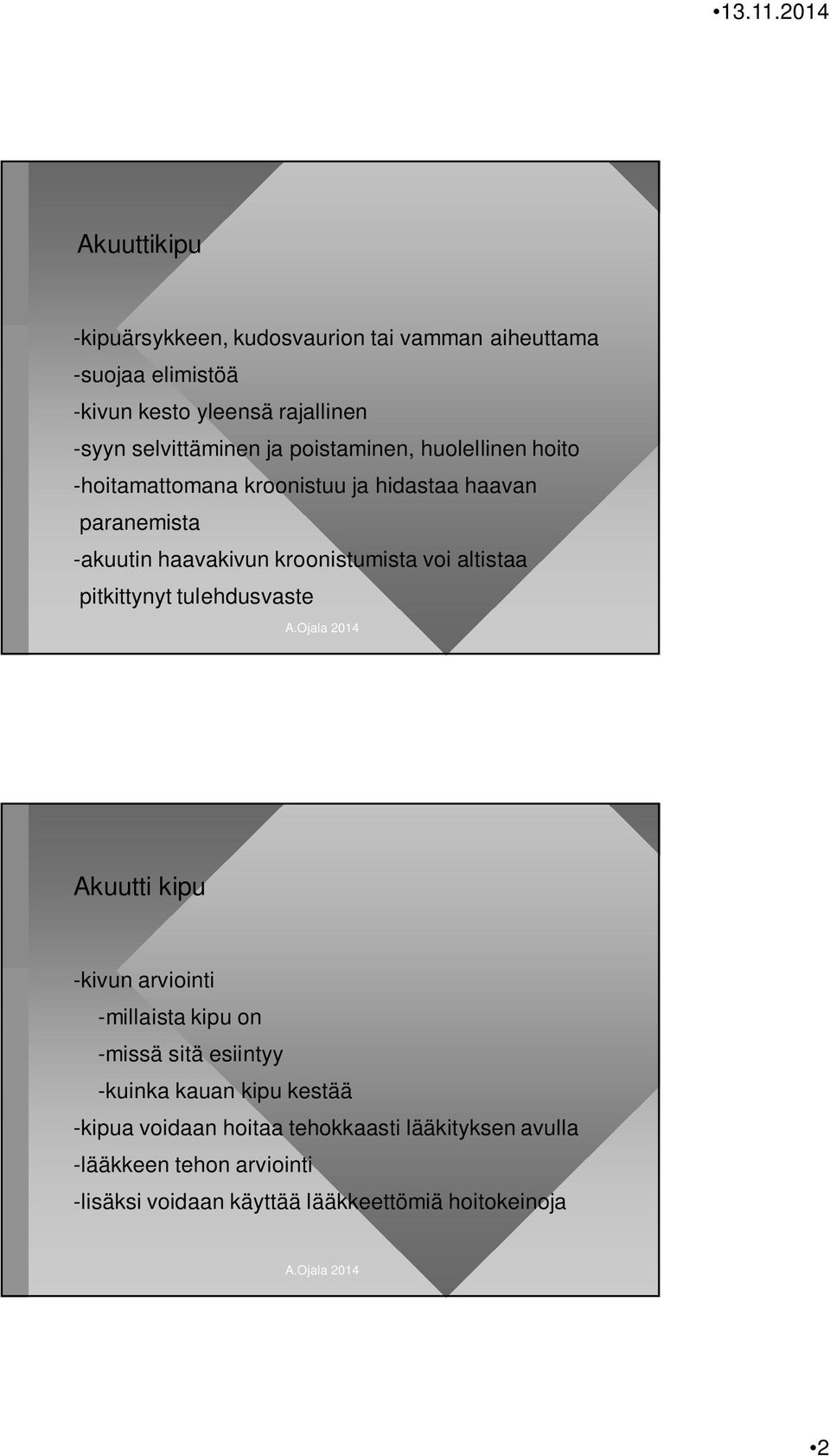 kroonistumista voi altistaa pitkittynyt tulehdusvaste Akuutti kipu -kivun arviointi -millaista kipu on -missä sitä esiintyy -kuinka