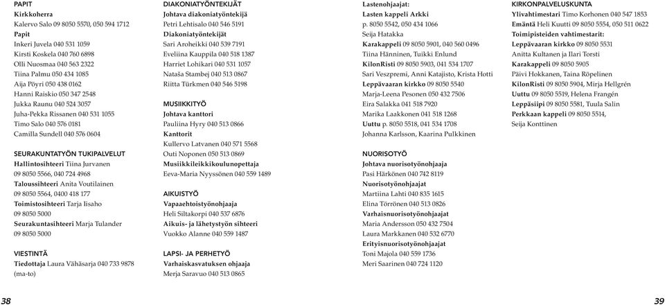 5566, 040 724 4968 Taloussihteeri Anita Voutilainen 09 8050 5564, 0400 418 177 Toimistosihteeri Tarja Iisaho 09 8050 5000 Seurakuntasihteeri Marja Tulander 09 8050 5000 viestintä Tiedottaja Laura
