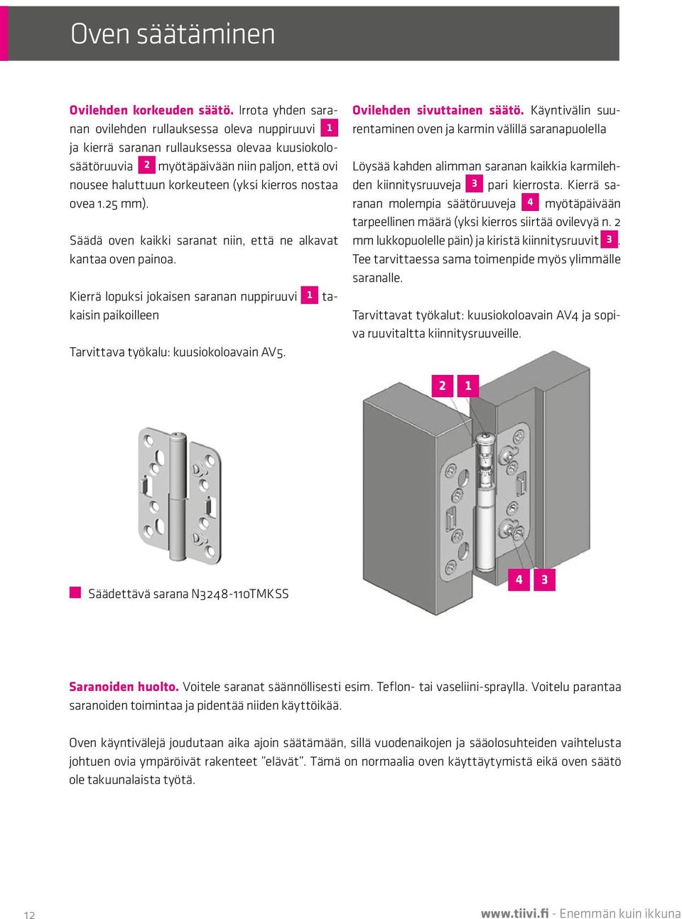 kierros nostaa ovea 1.25 mm). Säädä oven kaikki saranat niin, että ne alkavat kantaa oven painoa.