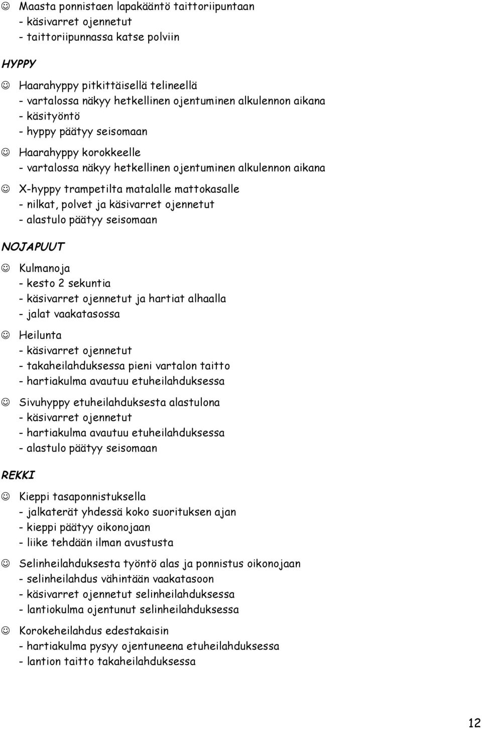 käsivarret ojennetut - alastulo päätyy seisomaan NOJAPUUT Kulmanoja - kesto 2 sekuntia - käsivarret ojennetut ja hartiat alhaalla - jalat vaakatasossa Heilunta - käsivarret ojennetut -