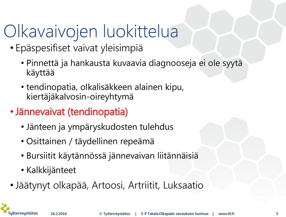 ympäryskudosten tulehdus Osittainen / täydellinen repeämä Bursiitit käytännössä jännevaivan liitännäisiä Kalkkijänteet