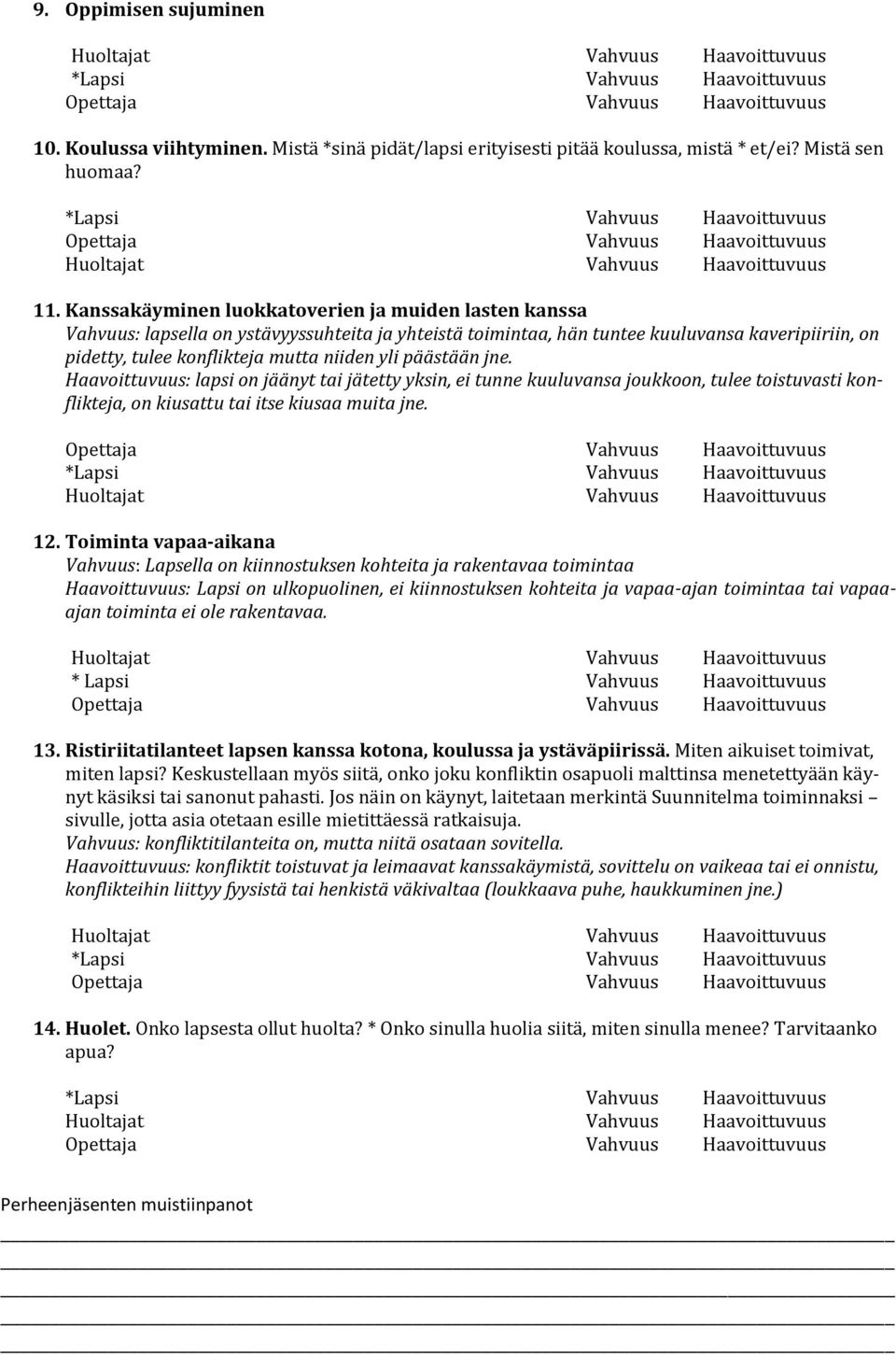 päästään jne. Haavoittuvuus: lapsi on jäänyt tai jätetty yksin, ei tunne kuuluvansa joukkoon, tulee toistuvasti konflikteja, on kiusattu tai itse kiusaa muita jne. 12.