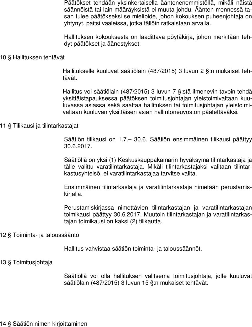 Hallituksen kokouksesta on laadittava pöytäkirja, johon merkitään tehdyt päätökset ja äänestykset. Hallitukselle kuuluvat säätiölain (487/2015) 3 luvun 2 :n mukaiset tehtävät.