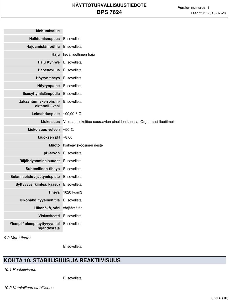ph-arvon Räjähdysominaisuudet Suhteellinen tiheys Sulamispiste / jäätymispiste Syttyvyys (kiinteä, kaasu) Tiheys Ulkonäkö, fyysinen tila Ulkonäkö, väri Viskositeetti Ylempi /