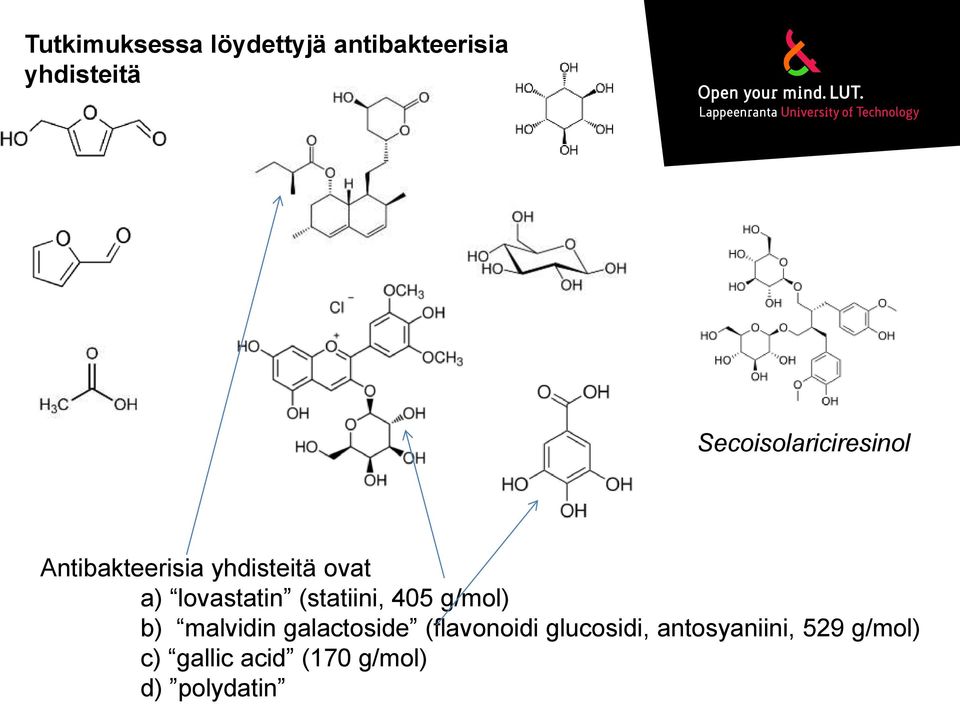 lovastatin (statiini, 405 g/mol) b) malvidin galactoside