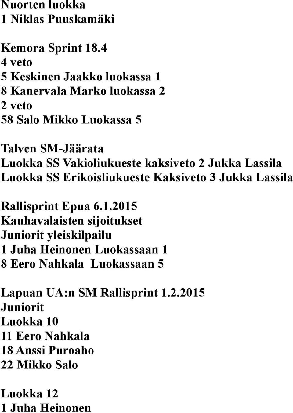 Vakioliukueste kaksiveto 2 Jukka Lassila Luokka SS Erikoisliukueste Kaksiveto 3 Jukka Lassila Rallisprint Epua 6.1.