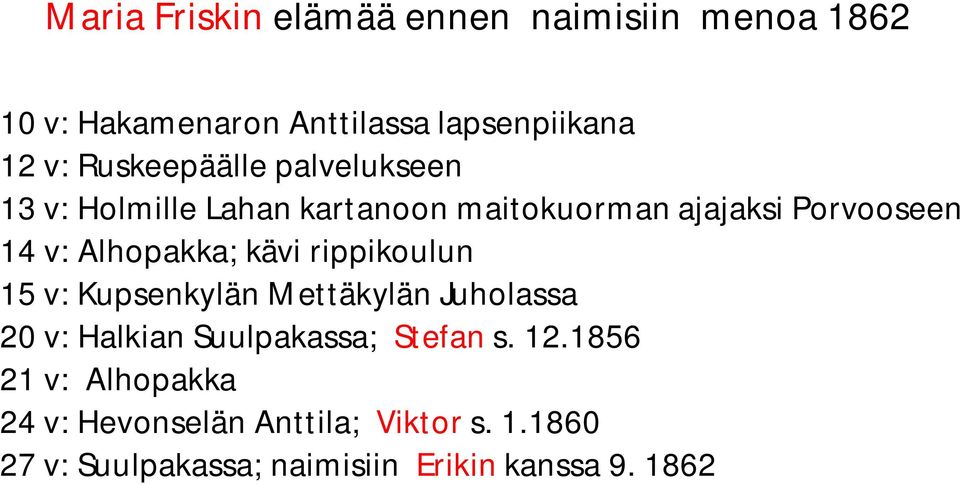 Alhopakka; kävi rippikoulun 15 v: Kupsenkylän Mettäkylän Juholassa 20 v: Halkian Suulpakassa; Stefan s.