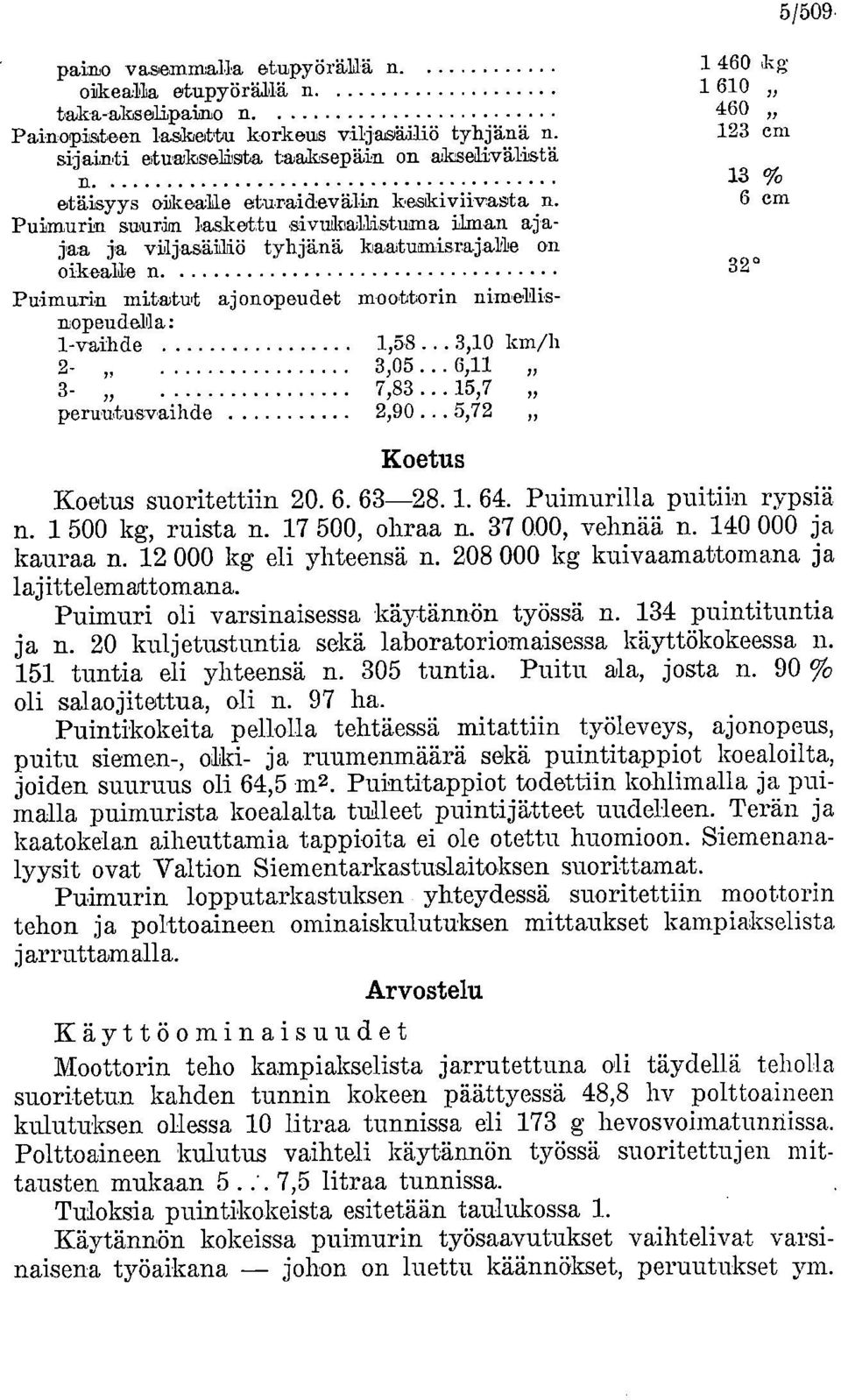 Puimurin mitatut aj onopeudet moottorin nimellisnopeudella : 1-vaihde 1,58.. 3,10 km/h 3,05... 6,11 21 7,83... 15,7 12 peruutusvaihde 2,90.