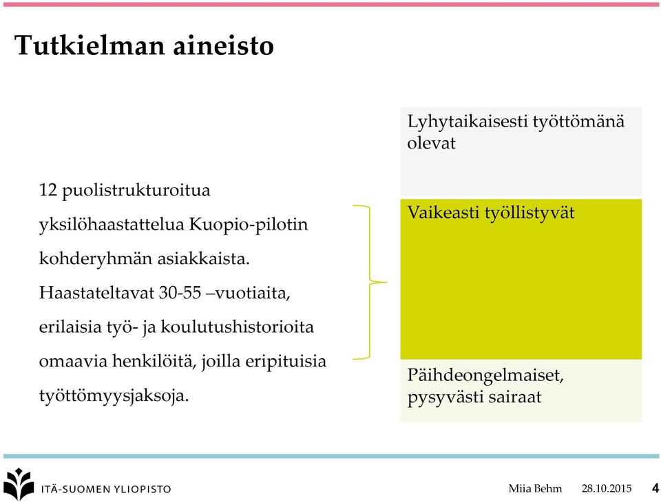 Haastateltavat 30-55 vuotiaita, erilaisia työ- ja koulutushistorioita omaavia