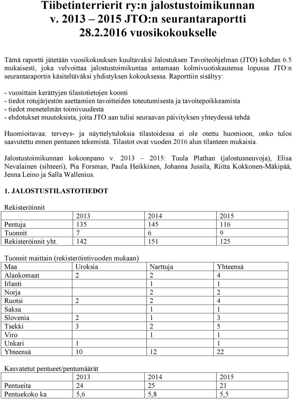 Raporttiin sisältyy: - vuosittain kerättyjen tilastotietojen koonti - tiedot rotujärjestön asettamien tavoitteiden toteutumisesta ja tavoitepoikkeamista - tiedot menetelmän toimivuudesta - ehdotukset