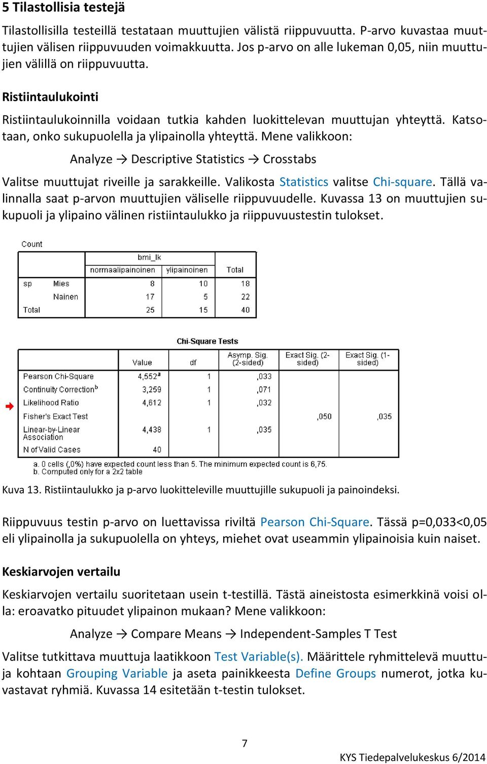 Katsotaan, onko sukupuolella ja ylipainolla yhteyttä. Mene valikkoon: Analyze Descriptive Statistics Crosstabs Valitse muuttujat riveille ja sarakkeille. Valikosta Statistics valitse Chi-square.