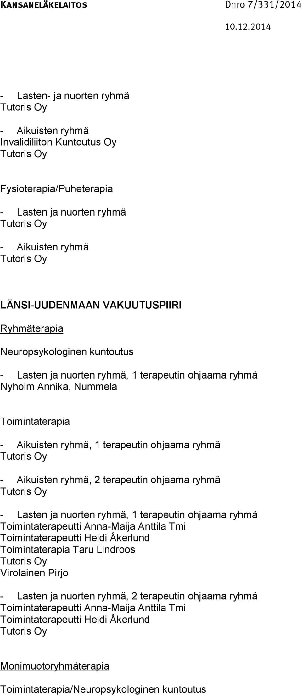 ohjaama ryhmä Toimintaterapeutti Anna-Maija Anttila Tmi Toimintaterapeutti Heidi Åkerlund Toimintaterapia Taru Lindroos Virolainen Pirjo, 2