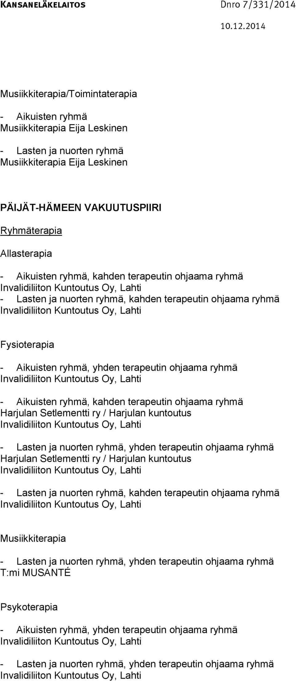 ohjaama ryhmä Harjulan Setlementti ry / Harjulan kuntoutus, yhden terapeutin ohjaama ryhmä Harjulan Setlementti ry / Harjulan kuntoutus, kahden