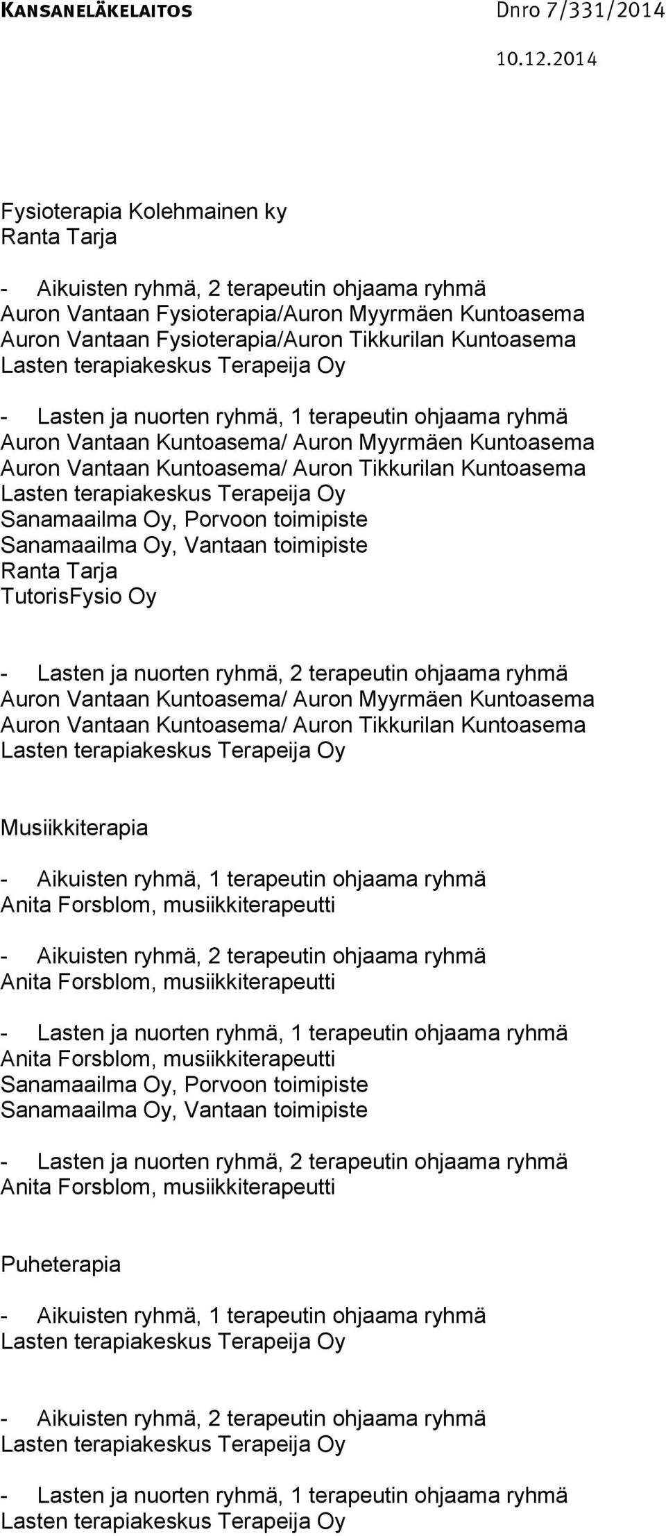 TutorisFysio Oy, 2 terapeutin ohjaama ryhmä Auron Vantaan Kuntoasema/ Auron Myyrmäen Kuntoasema Auron Vantaan Kuntoasema/ Auron Tikkurilan Kuntoasema Musiikkiterapia, 1 terapeutin ohjaama ryhmä Anita