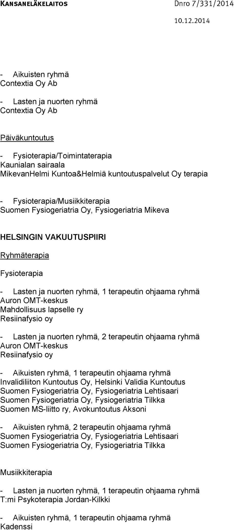 terapeutin ohjaama ryhmä Suomen Fysiogeriatria Oy, Fysiogeriatria Lehtisaari Suomen Fysiogeriatria Oy, Fysiogeriatria Tilkka Suomen MS-liitto ry, Avokuntoutus Aksoni, 2 terapeutin ohjaama ryhmä