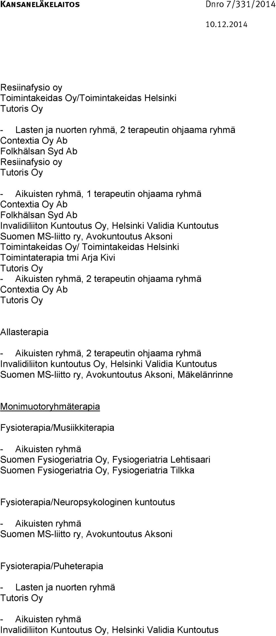 Helsinki Validia Kuntoutus Suomen MS-liitto ry, Avokuntoutus Aksoni, Mäkelänrinne Monimuotoryhmäterapia Fysioterapia/Musiikkiterapia Suomen Fysiogeriatria Oy,