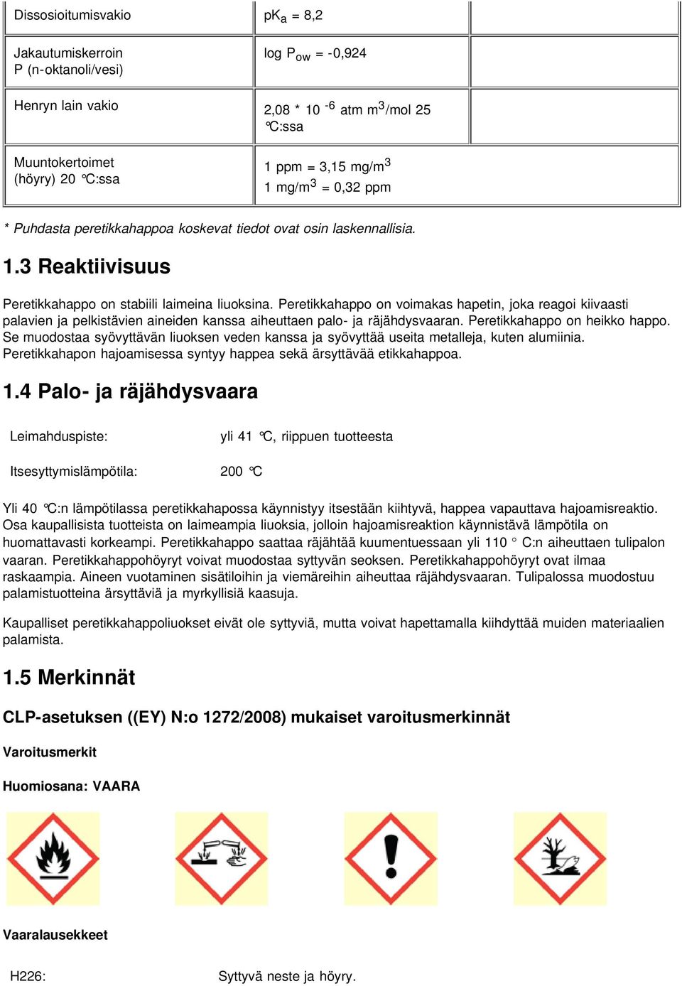 Peretikkahappo on voimakas hapetin, joka reagoi kiivaasti palavien ja pelkistävien aineiden kanssa aiheuttaen palo- ja räjähdysvaaran. Peretikkahappo on heikko happo.