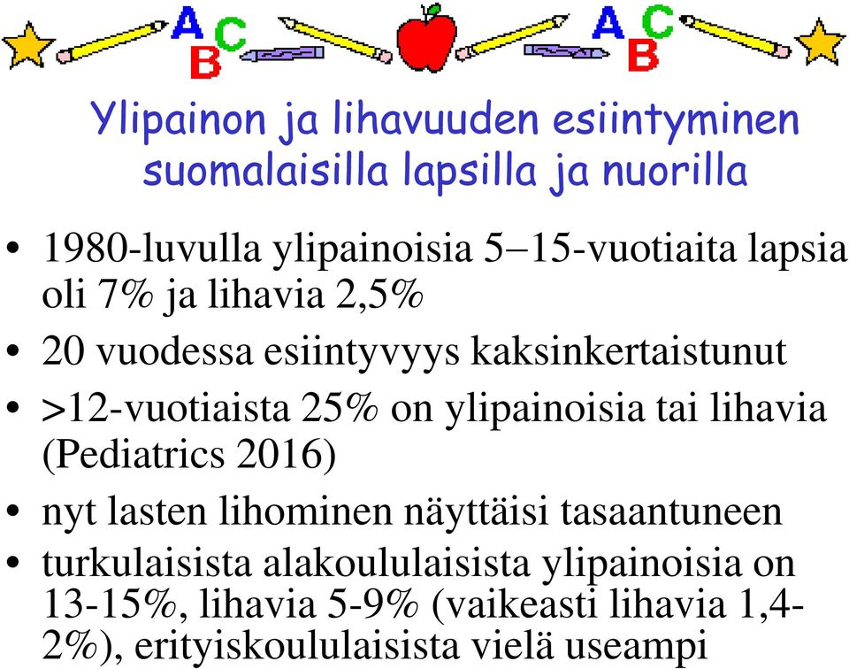 on ylipainoisia tai lihavia (Pediatrics 2016) nyt lasten lihominen näyttäisi tasaantuneen turkulaisista