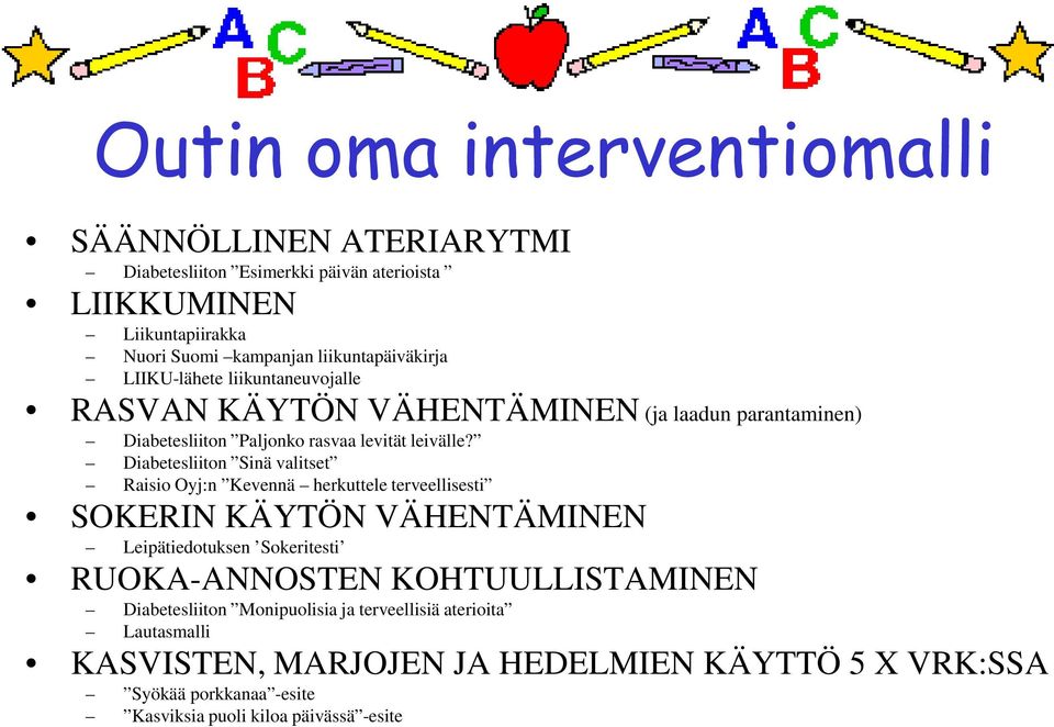 Diabetesliiton Sinä valitset Raisio Oyj:n Kevennä herkuttele terveellisesti SOKERIN KÄYTÖN VÄHENTÄMINEN Leipätiedotuksen Sokeritesti RUOKA-ANNOSTEN