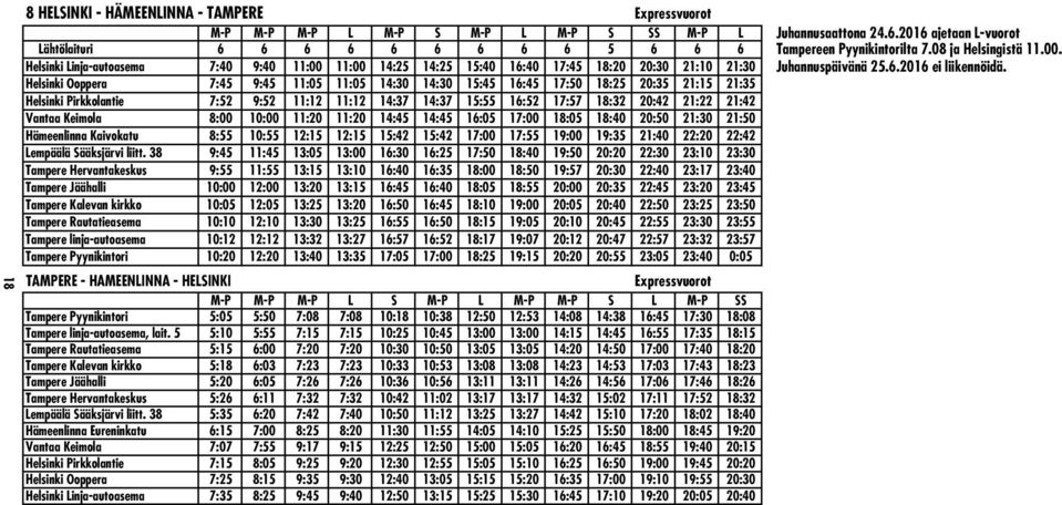 Helsinki Linja-autoasema 7:40 9:40 11:00 11:00 14:25 14:25 15:40 16:40 17:45 18:20 20:30 21:10 21:30 Juhannuspäivänä 25.6.2016 ei liikennöidä.