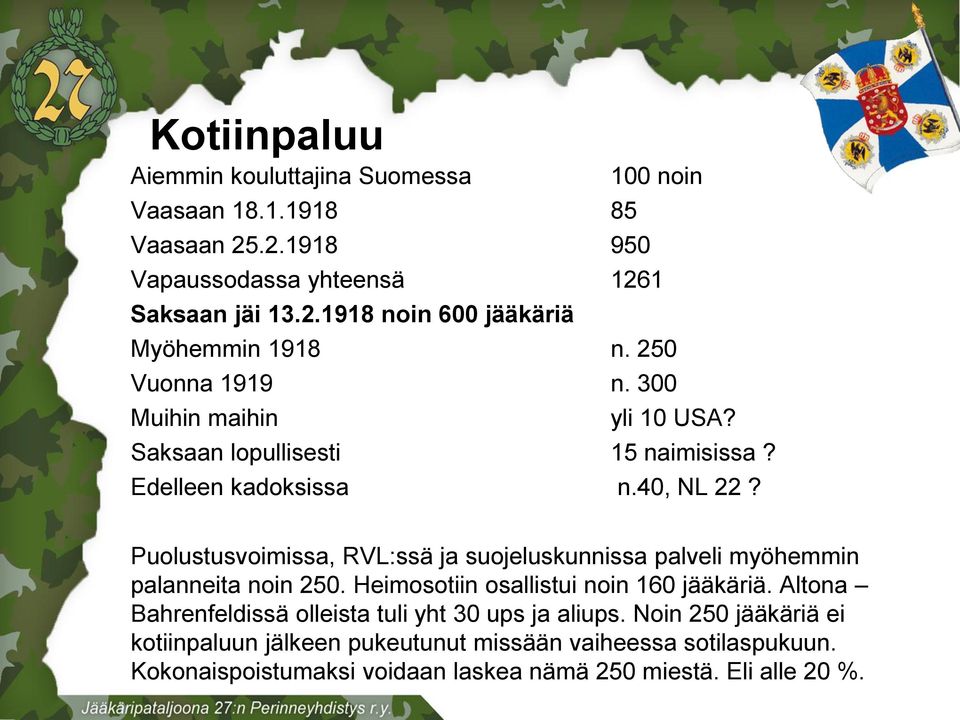 Puolustusvoimissa, RVL:ssä ja suojeluskunnissa palveli myöhemmin palanneita noin 250. Heimosotiin osallistui noin 160 jääkäriä.