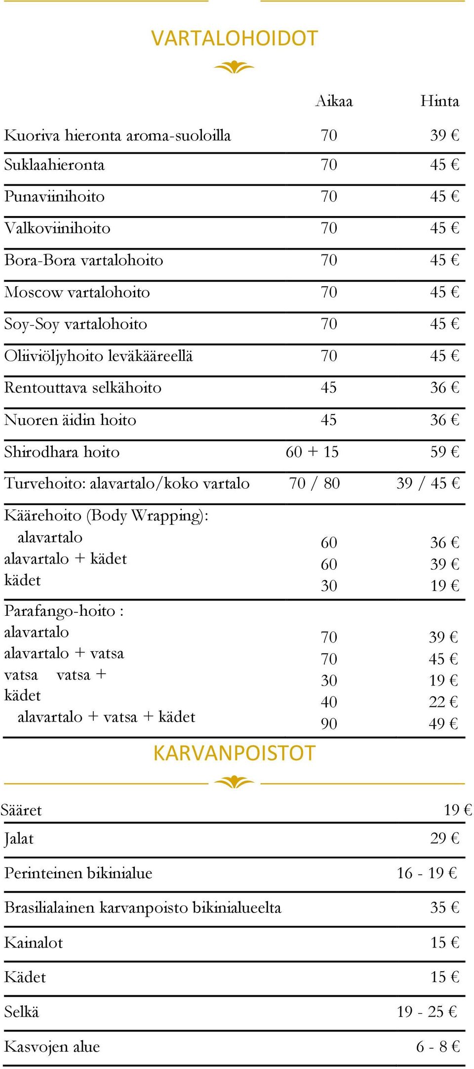 80 39 / 45 Käärehoito (Body Wrapping): alavartalo alavartalo + kädet kädet Parafango-hoito : alavartalo alavartalo + vatsa vatsa vatsa + kädet alavartalo + vatsa + kädet KARVANPOISTOT 60