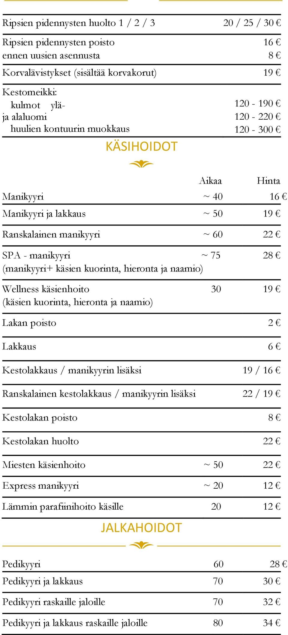 naamio) 28 Wellness käsienhoito (käsien kuorinta, hieronta ja naamio) 30 19 Lakan poisto 2 Lakkaus 6 Kestolakkaus / manikyyrin lisäksi 19 / 16 Ranskalainen kestolakkaus / manikyyrin lisäksi 22 / 19
