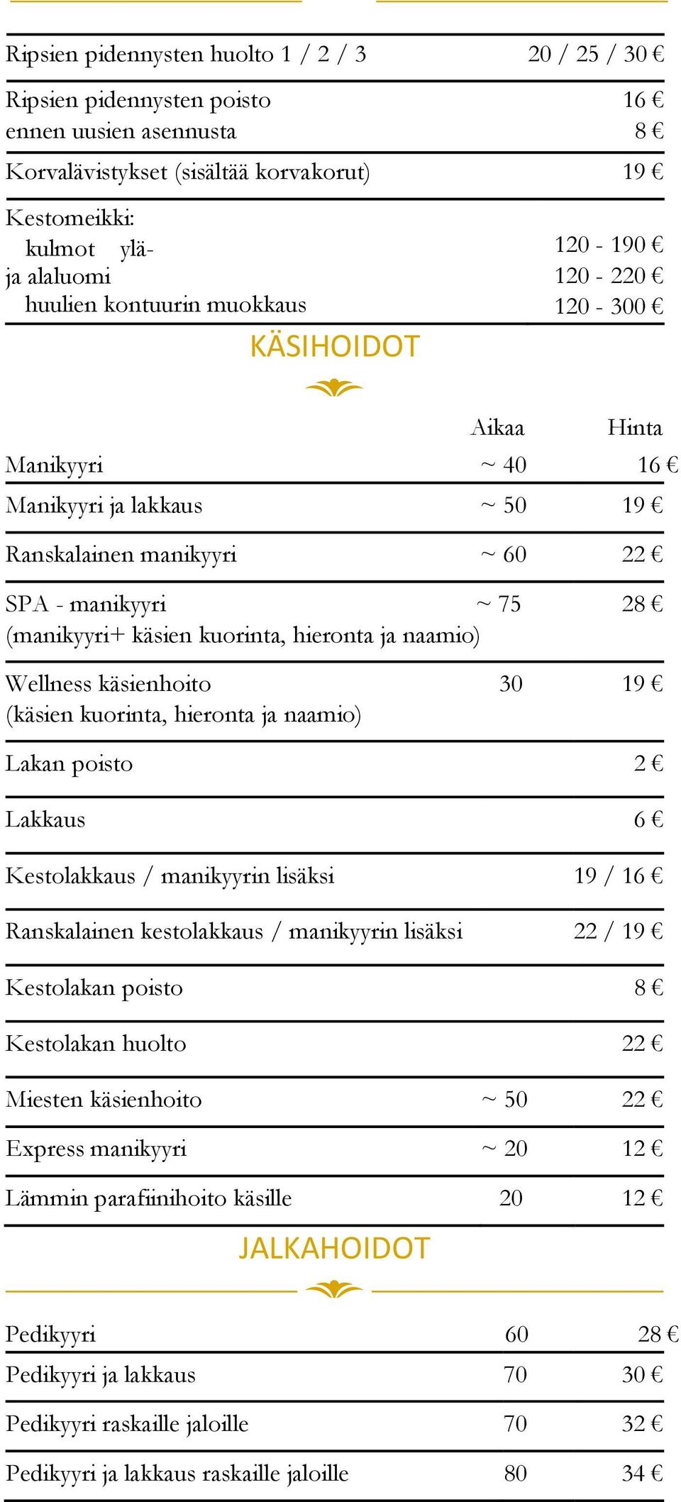 naamio) 28 Wellness käsienhoito (käsien kuorinta, hieronta ja naamio) 30 19 Lakan poisto 2 Lakkaus 6 Kestolakkaus / manikyyrin lisäksi 19 / 16 Ranskalainen kestolakkaus / manikyyrin lisäksi 22 / 19