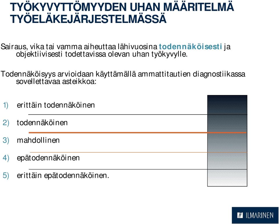Todennäköisyys arvioidaan käyttämällä ammattitautien diagnostiikassa sovellettavaa asteikkoa: