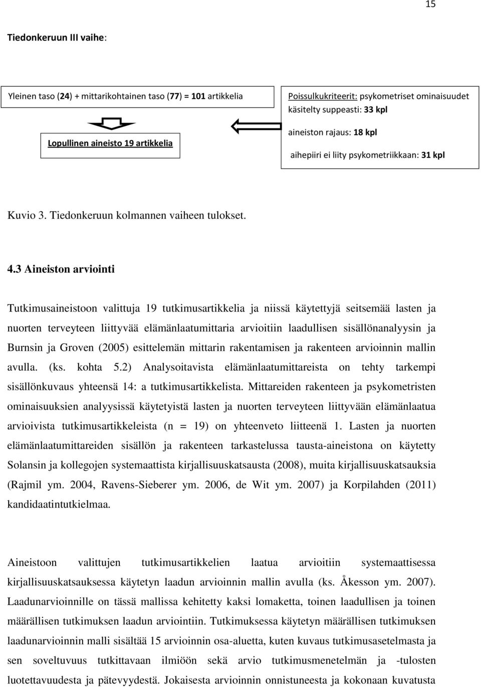3 Aineiston arviointi Tutkimusaineistoon valittuja 19 tutkimusartikkelia ja niissä käytettyjä seitsemää lasten ja nuorten terveyteen liittyvää elämänlaatumittaria arvioitiin laadullisen