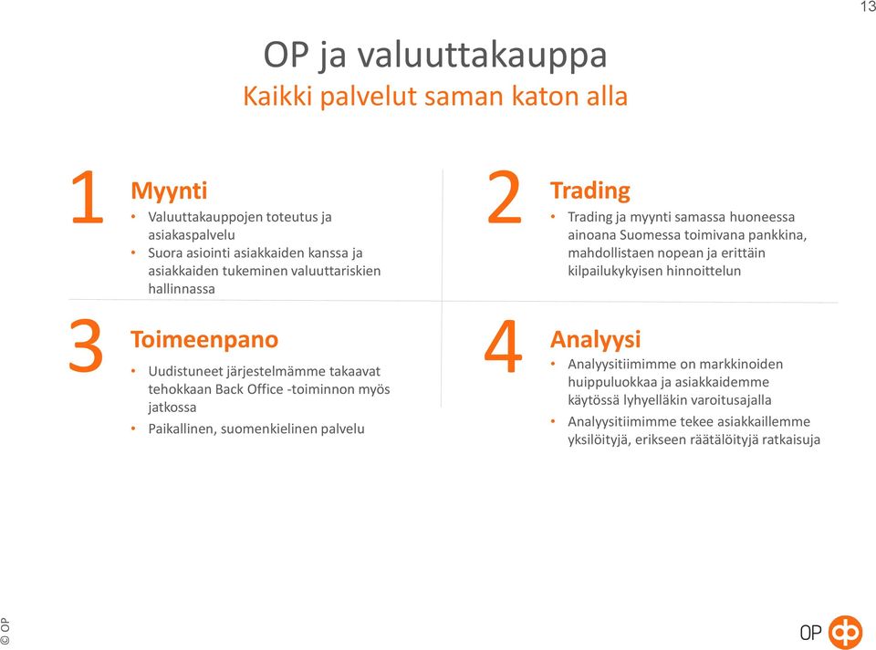 kilpailukykyisen hinnoittelun 3 Toimeenpano Uudistuneet järjestelmämme takaavat tehokkaan Back Office -toiminnon myös jatkossa Paikallinen, suomenkielinen palvelu 4